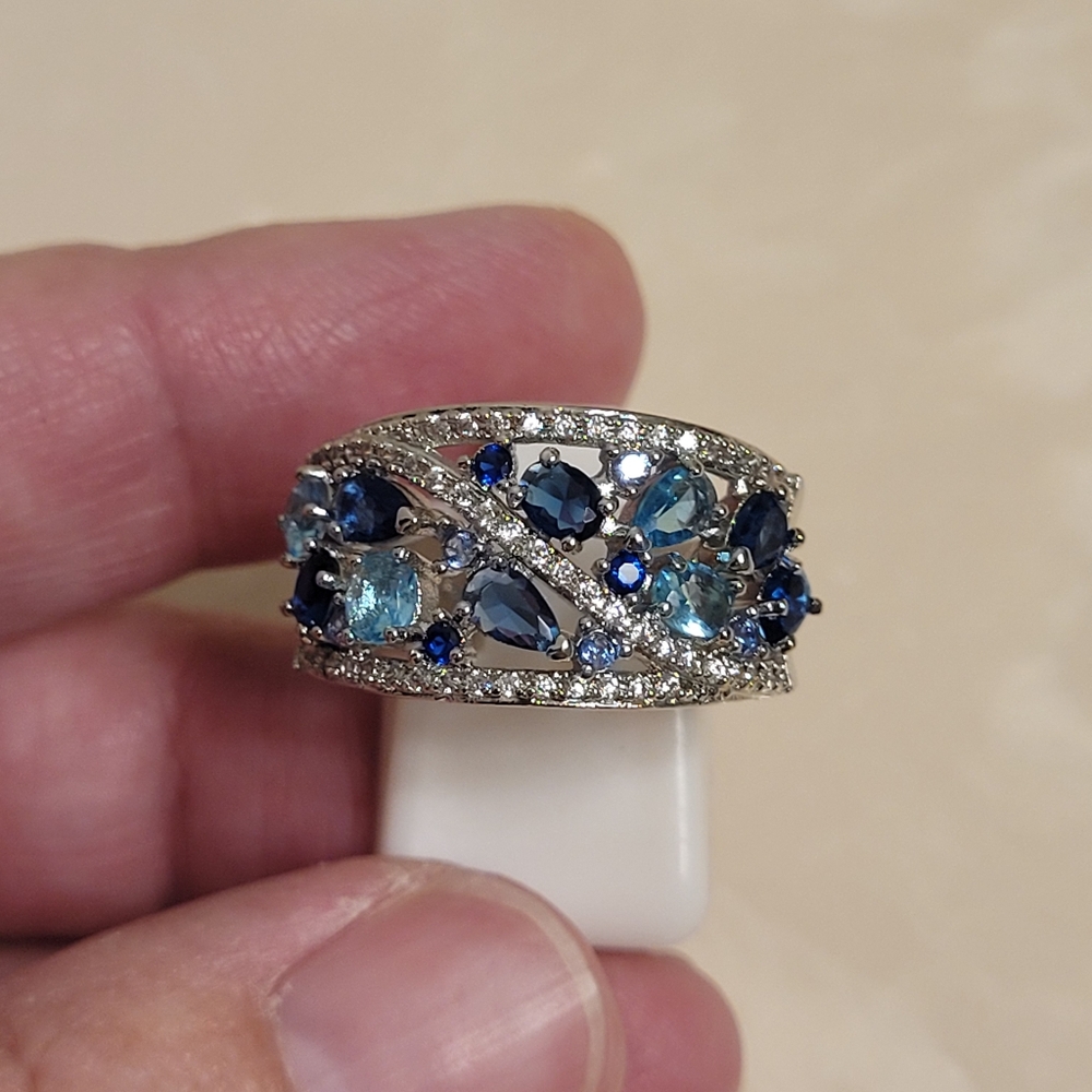 925 Silver CZ Aquamarine and Sapphire Cluster Ring Size 7.5 - Picture 7 of 7